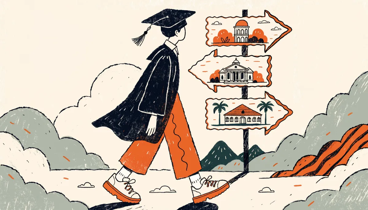 Illustration of a student in cap and gown walking past a signpost pointing to different university pathways in vintage retro style