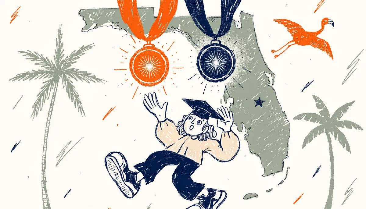 Illustration of two scholarship medals on orange and blue ribbons next to a Florida-shaped silhouette with palm trees and a graduate reaching for the medals in vintage retro style