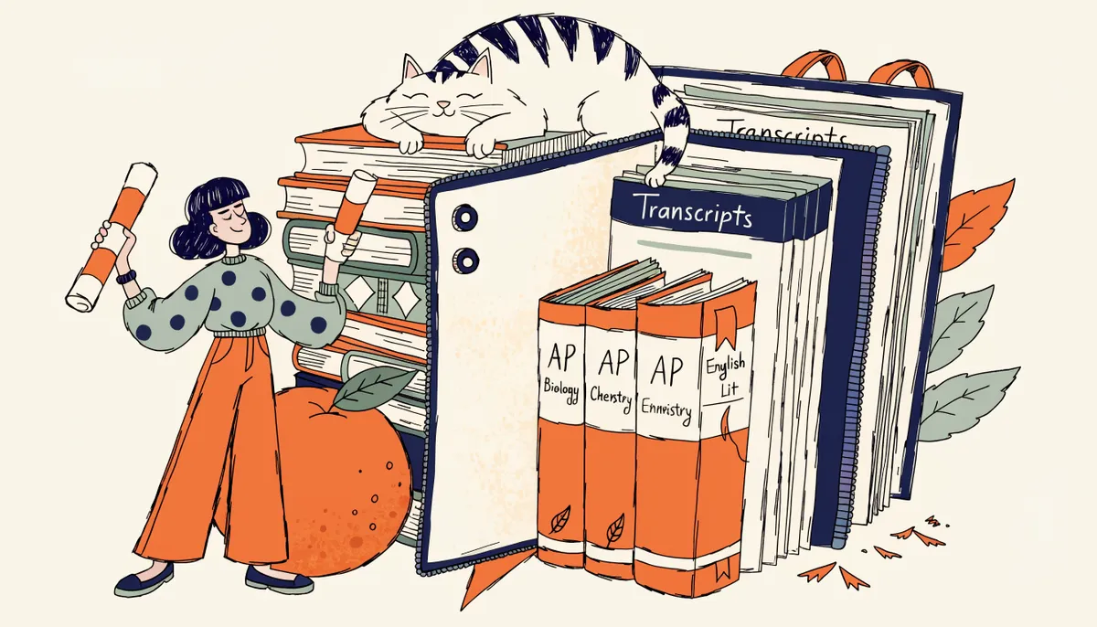 Illustration of an open binder with academic transcripts, AP textbooks, and a graduating student holding a diploma next to a Florida orange in vintage retro style