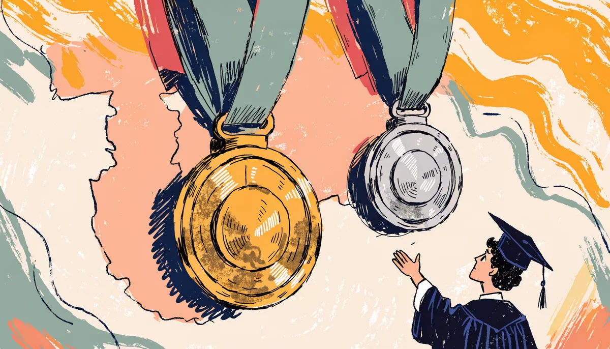 Illustration of two scholarship medals on ribbons next to a peach-shaped Georgia silhouette with a graduate reaching for the medals in vintage retro style