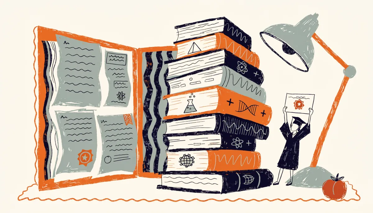 Illustration of an open binder with academic transcripts, AP textbooks, and a graduating student holding a certificate next to a Georgia peach in vintage retro style