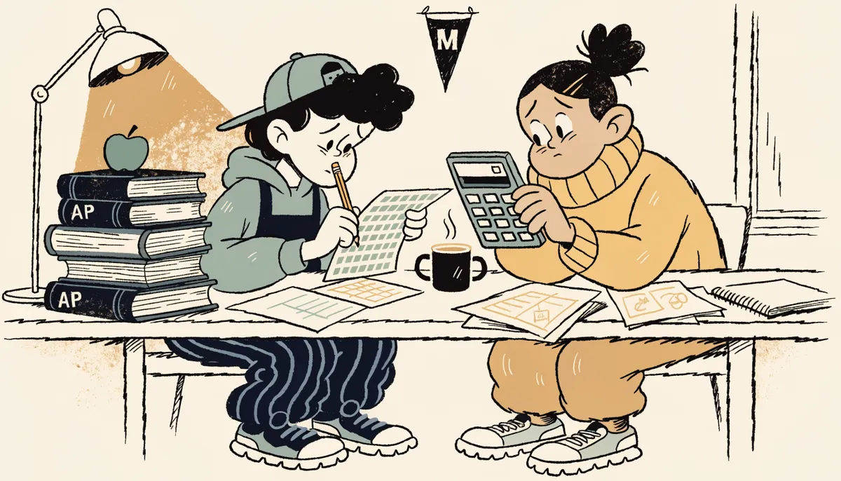 Illustration of two students at a desk with test prep materials, a graphing calculator, AP textbooks and a small block M pennant in vintage retro style