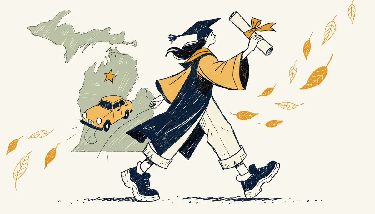Illustration of a graduating student walking past a hand-drawn map of Michigan with Ann Arbor marked, autumn leaves and a vintage car in retro style