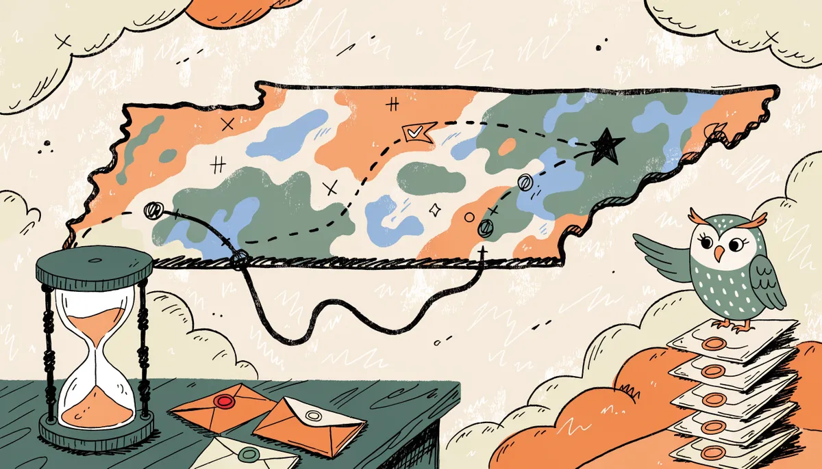 Illustration of a Tennessee state map with paths leading to Knoxville from inside and outside the state, an hourglass and application folders in vintage retro animation style
