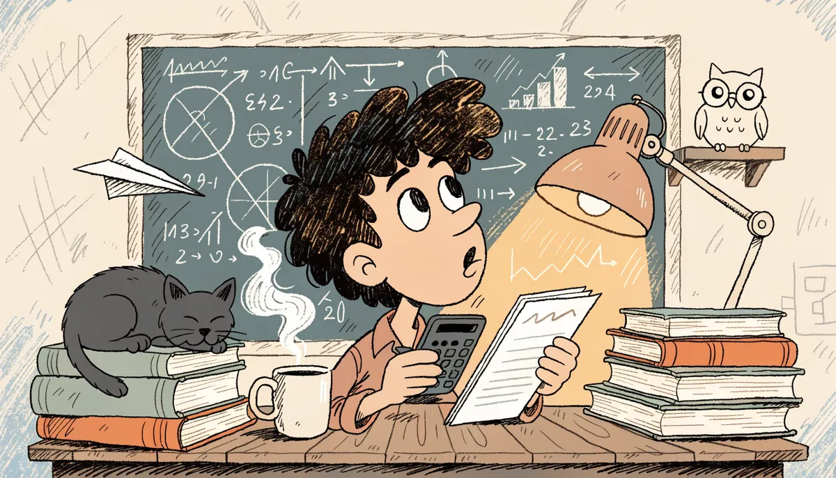 Illustration of a student studying for the SAT and ACT with a graphing calculator, math equations on a chalkboard, and a wise owl in vintage retro animation style