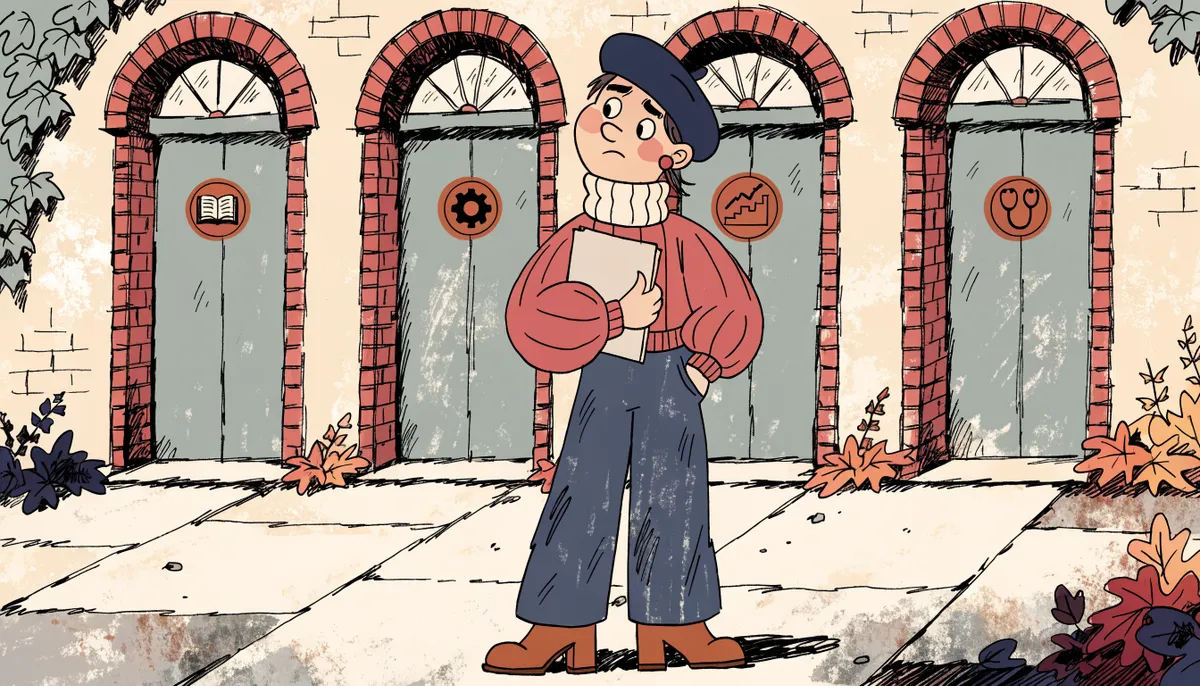 Illustration of a thoughtful student standing before four arched doorways with academic icons set into a brick wall in vintage retro animation style