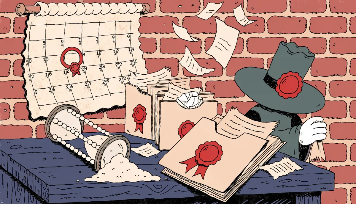 Illustration of a calendar with an early November date circled, an hourglass, application folders and a Quaker figure in a wide-brimmed hat in vintage retro animation style