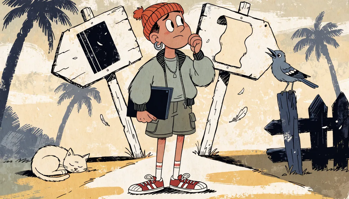 Illustration of a thoughtful student standing at a fork in a sun-drenched path between a test booklet signpost and an essay scroll signpost, in vintage retro animation style