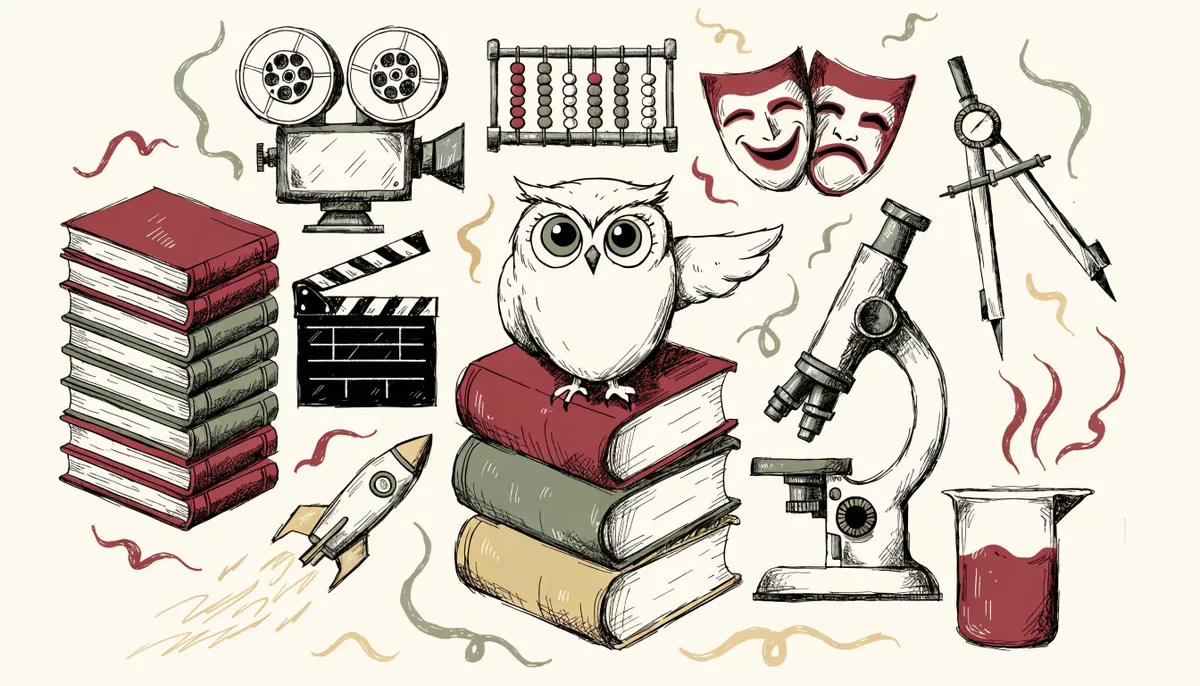 Illustration of a collage of academic disciplines including a film camera, abacus, theater masks, engineering compass and microscope arranged around a wise owl in vintage retro animation style