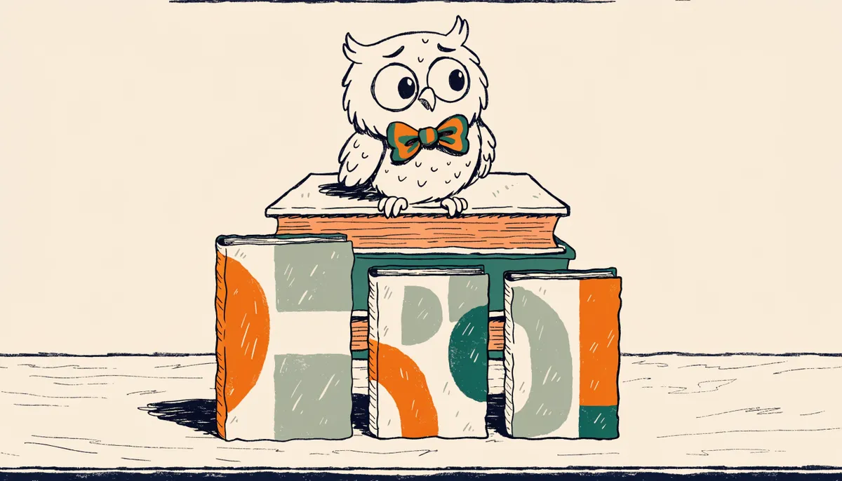 Illustration of three test booklets (SAT, ACT, CLT) arranged together with an owl considering them