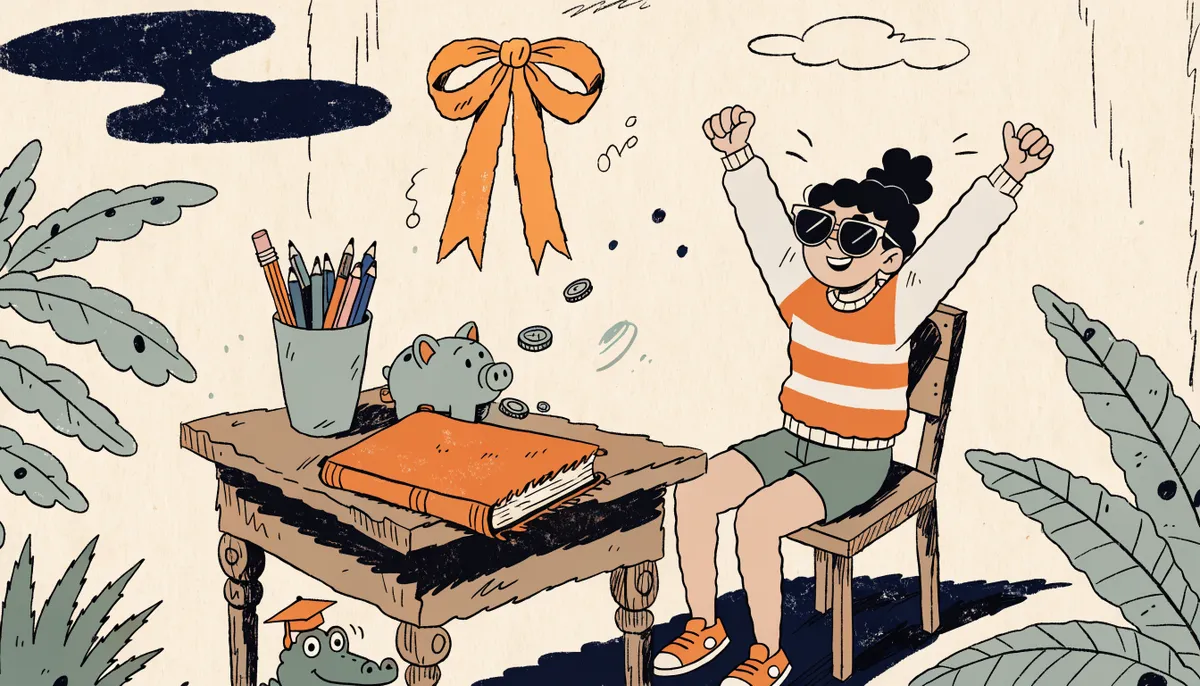 Illustration of a celebration with a scholarship certificate ribbon, palm leaves, and an alligator peeking from behind a desk