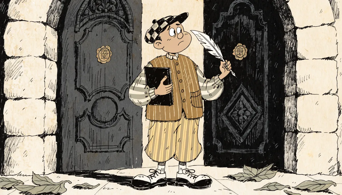 Illustration of a thoughtful student standing before two ornate wooden doors set into a stone arch, holding an application folder, in vintage retro animation style
