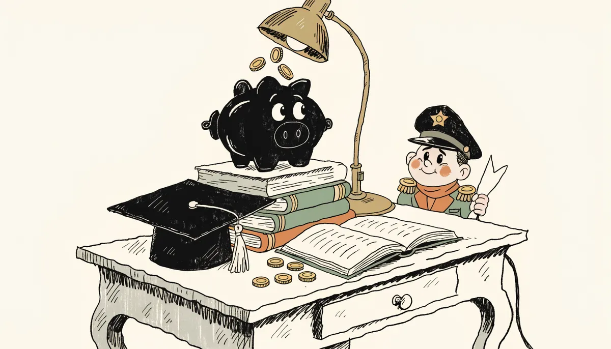 Illustration of an anchor-shaped piggy bank on a stack of textbooks with a small Commodore mascot in vintage retro animation style