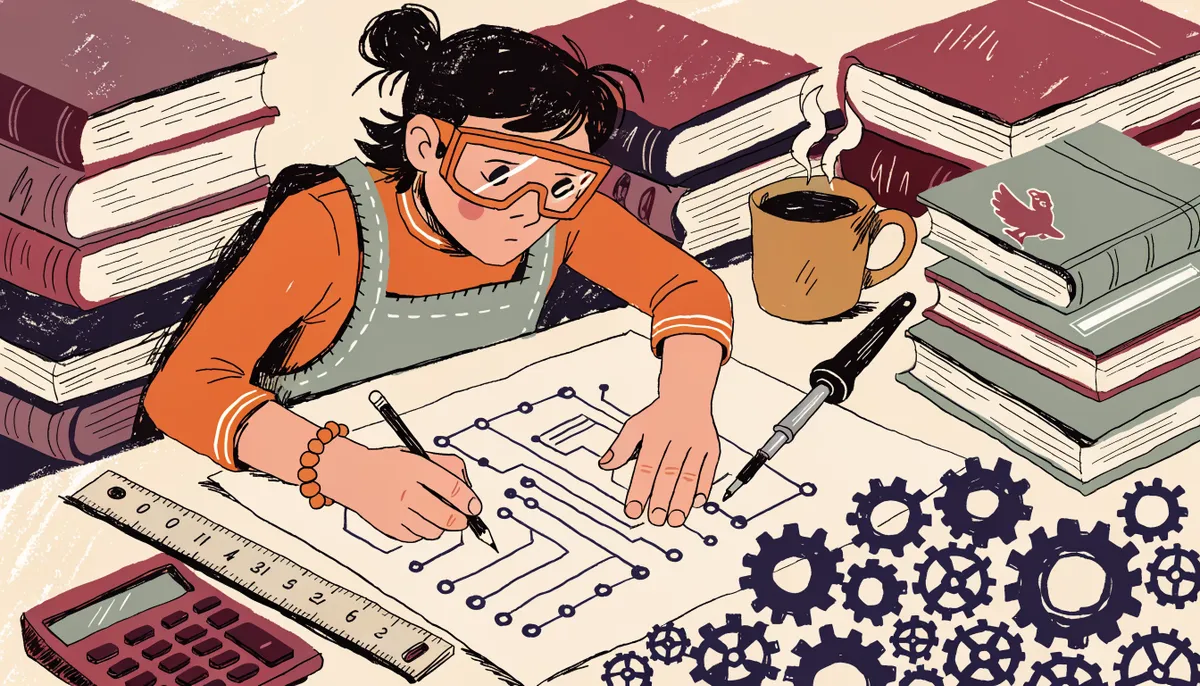 Illustration of a student engineer at a drafting desk with circuit diagrams, calculator, and physics textbooks in vintage retro style