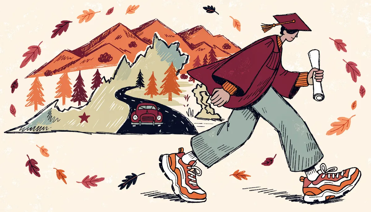 Illustration of a graduating student walking past a hand-drawn map of Virginia with Blacksburg marked at the foot of the Blue Ridge Mountains in vintage retro style