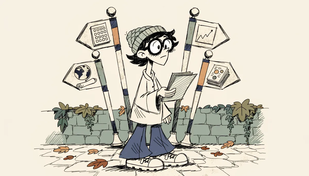 Illustration of a thoughtful student before four signposts representing SAT, ACT, AP, and IB test options in vintage retro animation style