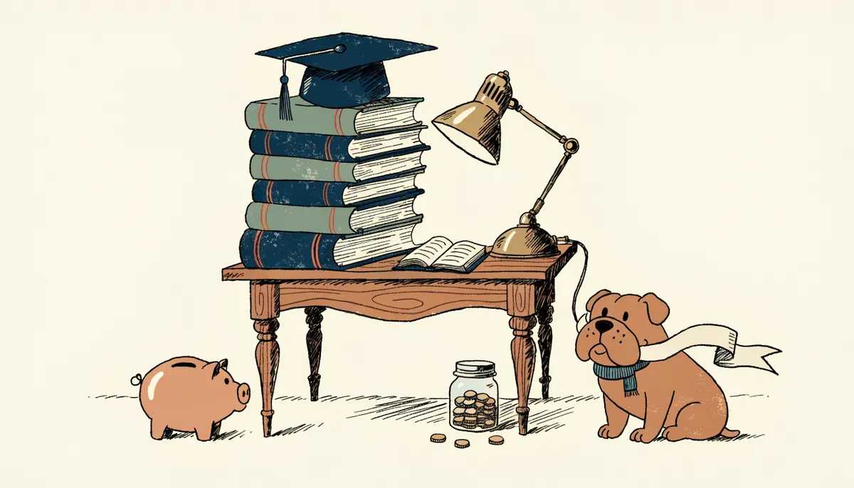 Illustration of a piggy bank, textbooks, graduation cap and friendly bulldog mascot holding a banner ribbon in vintage retro animation style