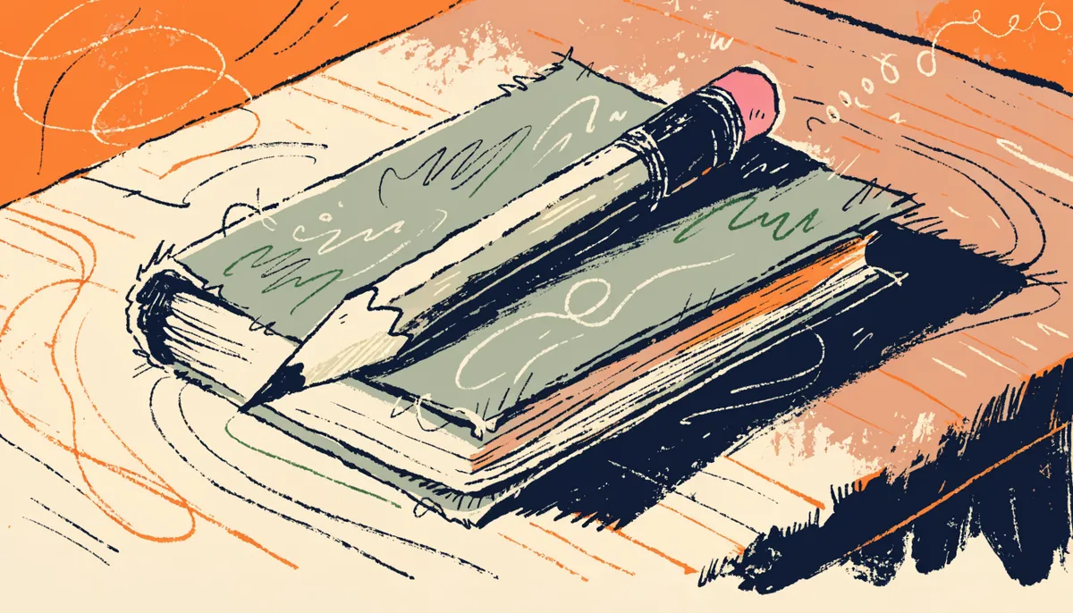 A cartoon pencil resting on a closed essay booklet with a small dust cloud, suggesting it is no longer used
