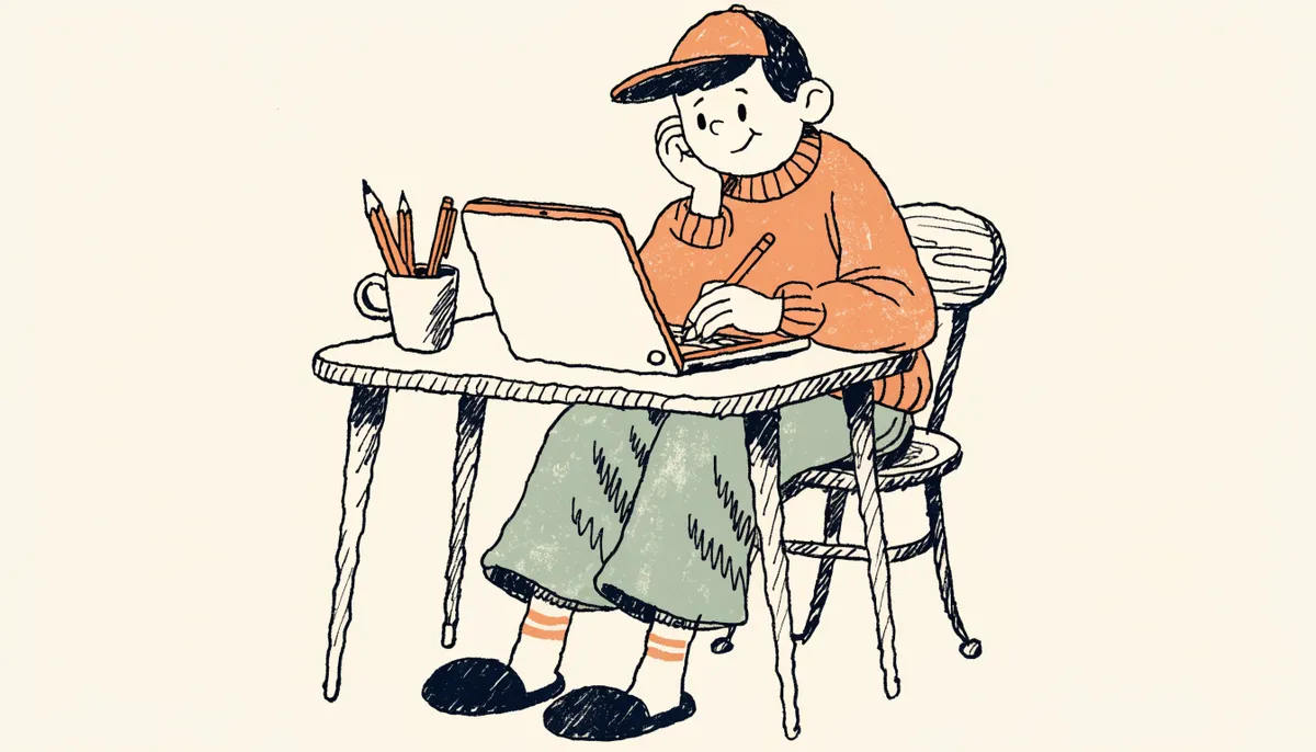 A cheerful cartoon student taking a test on a laptop at a desk