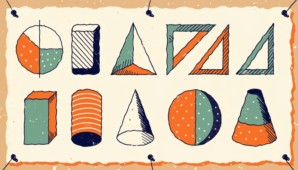 Retro chart of simple geometric shapes pinned to a cork board with thumbtacks