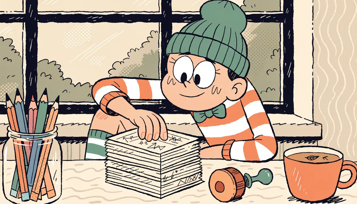 Cartoon student making flashcards at a desk with index cards and a steaming mug