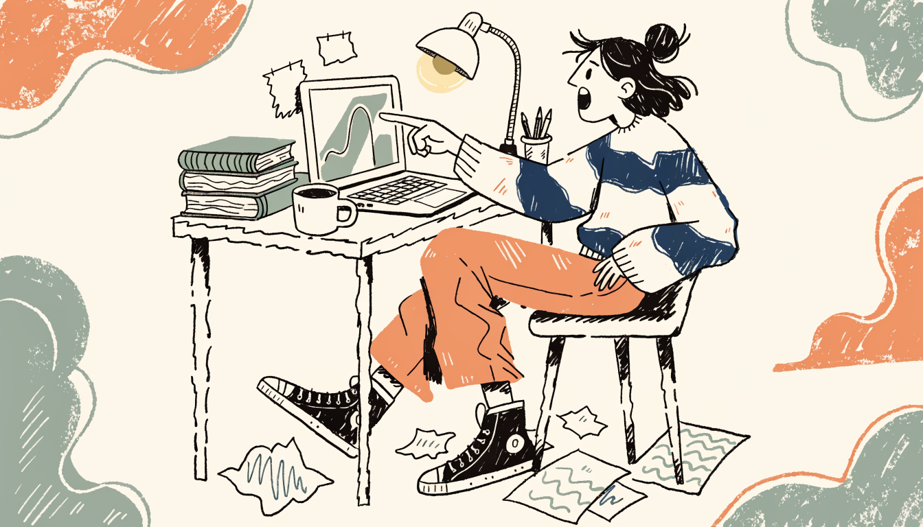 Student at a desk excitedly pointing at a plotted curve on a laptop screen