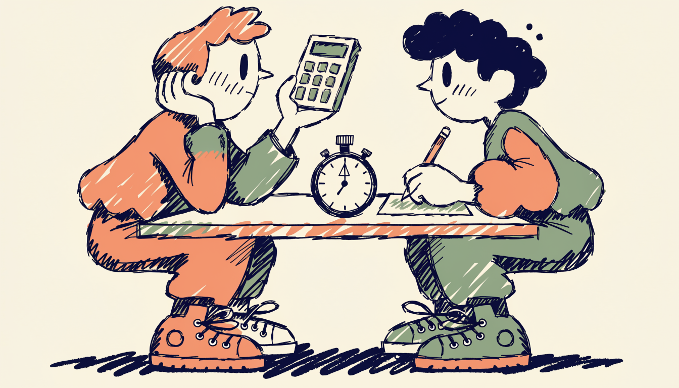 Two students at a table competing, one using a calculator and the other solving with pencil and paper