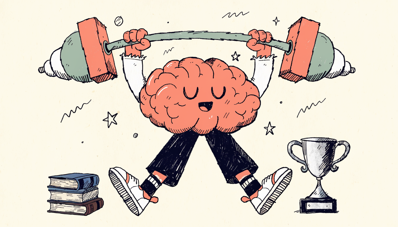 Retro cartoon illustration of a brain character lifting weights made of geometric shapes