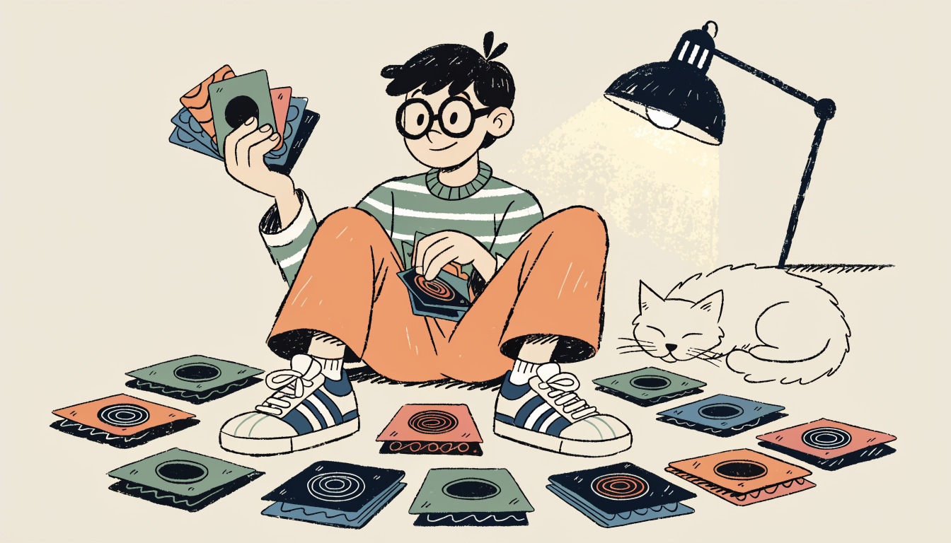 Retro cartoon illustration of a student sorting colorful flashcards into organized piles with a sleeping cat nearby