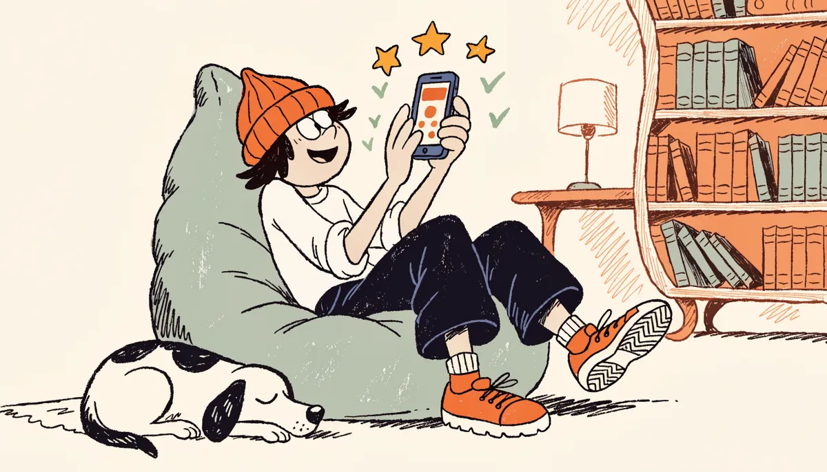 Cartoon student happily tapping a quiz on their phone with stars bursting from the screen