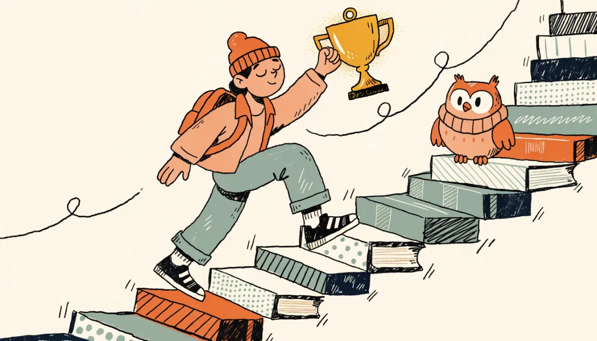 Cartoon student climbing a staircase made of oversized books toward a glowing trophy