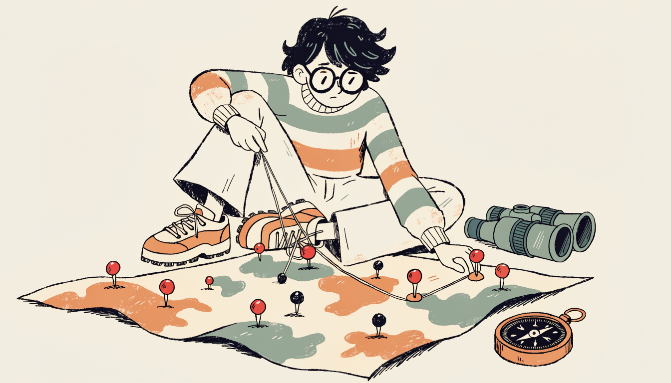 Student sitting on the floor plotting a route on a large map with pushpins and string