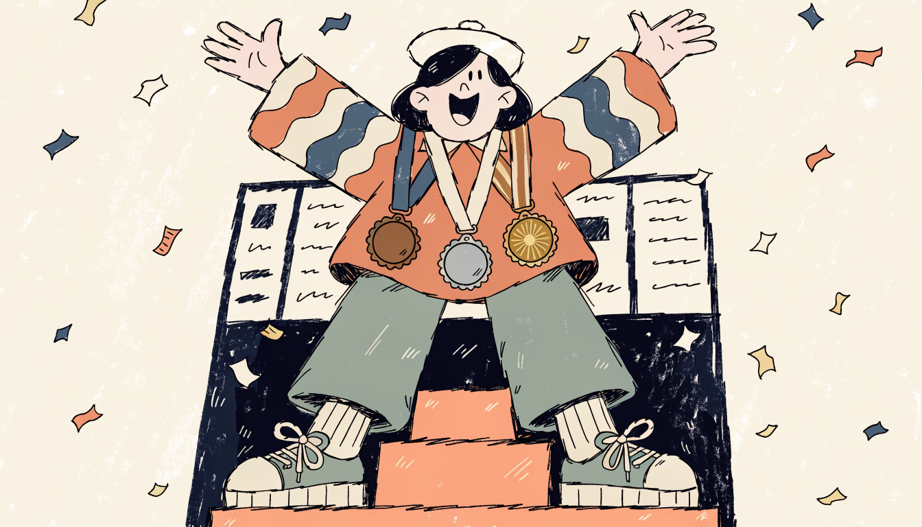 Student on a podium with arms raised in victory with confetti falling and medals displayed