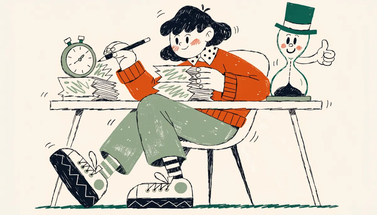 Cartoon student calmly working through papers at a desk with a stopwatch and friendly hourglass character