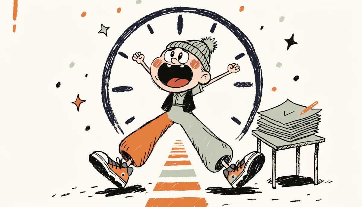 Cartoon student celebrating at a finish line with a clock showing time remaining and completed test papers