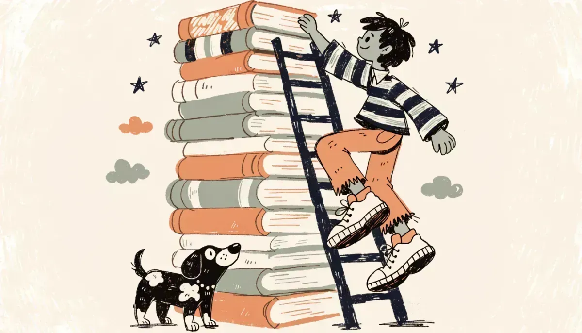 Student climbing a tall ladder against a giant stack of books reaching for the top