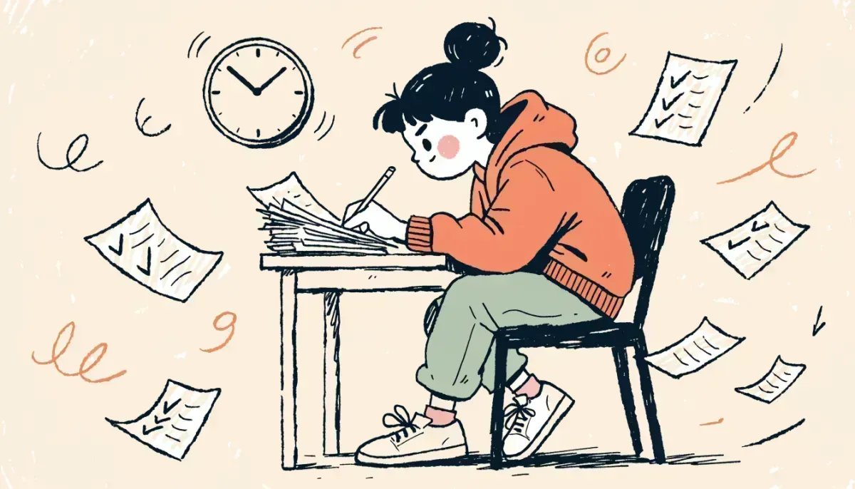 Student working through timed practice problems at a desk with a clock on the wall