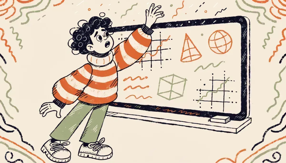 Student drawing geometric shapes and coordinate planes on a chalkboard