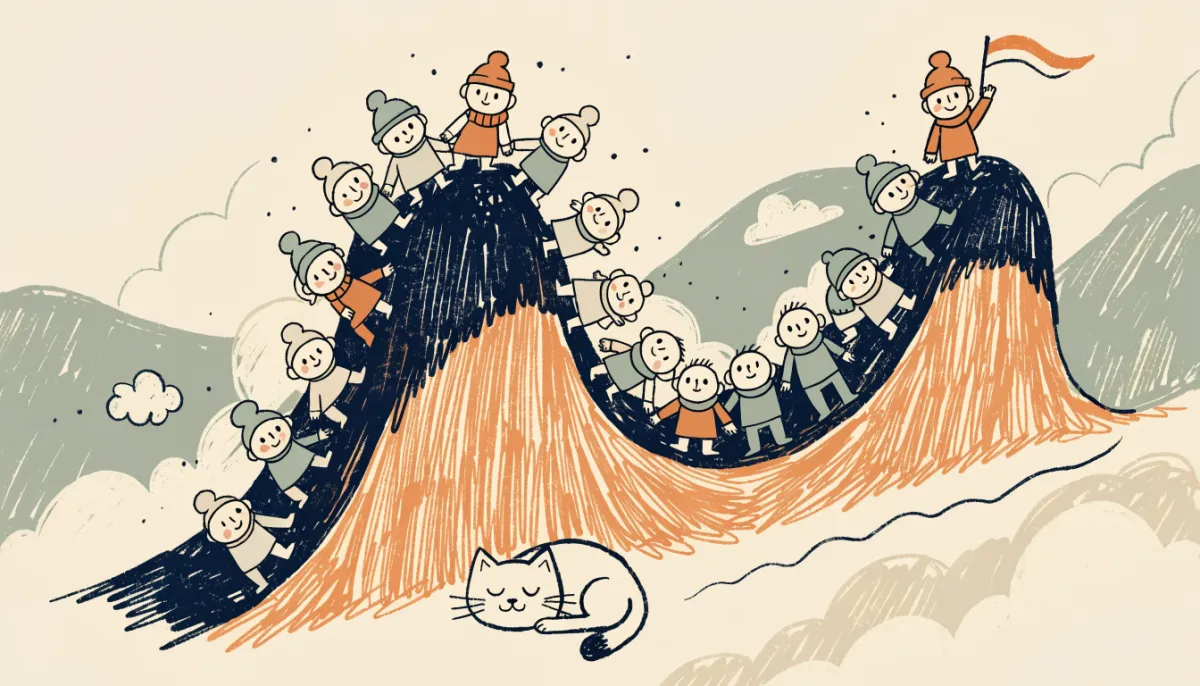 Illustration of students spread along a bell curve hill, with a few reaching the top