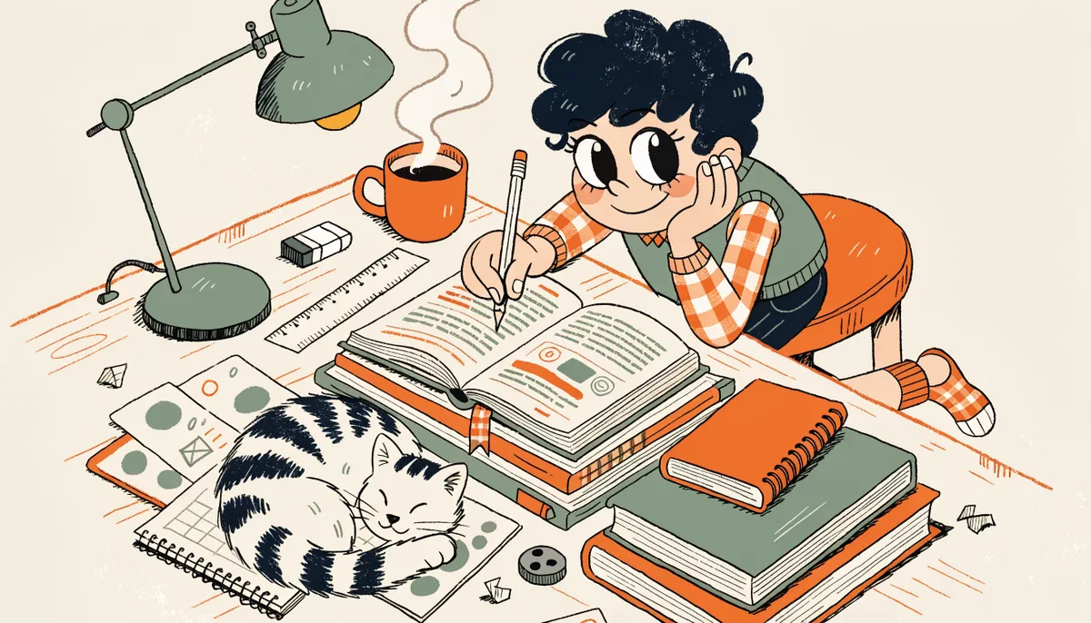 Illustration of a student studying for the SAT with books and flashcards