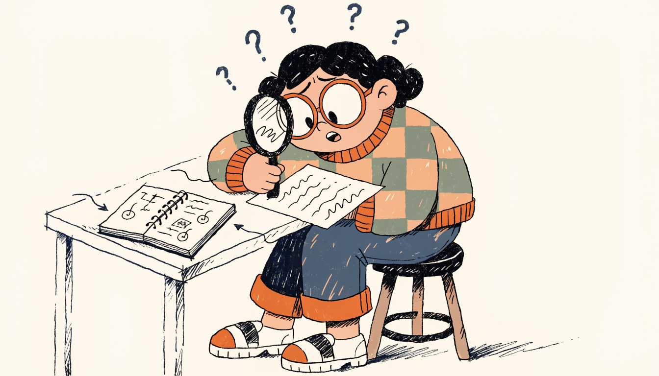 Student examining a test paper with a magnifying glass like a detective