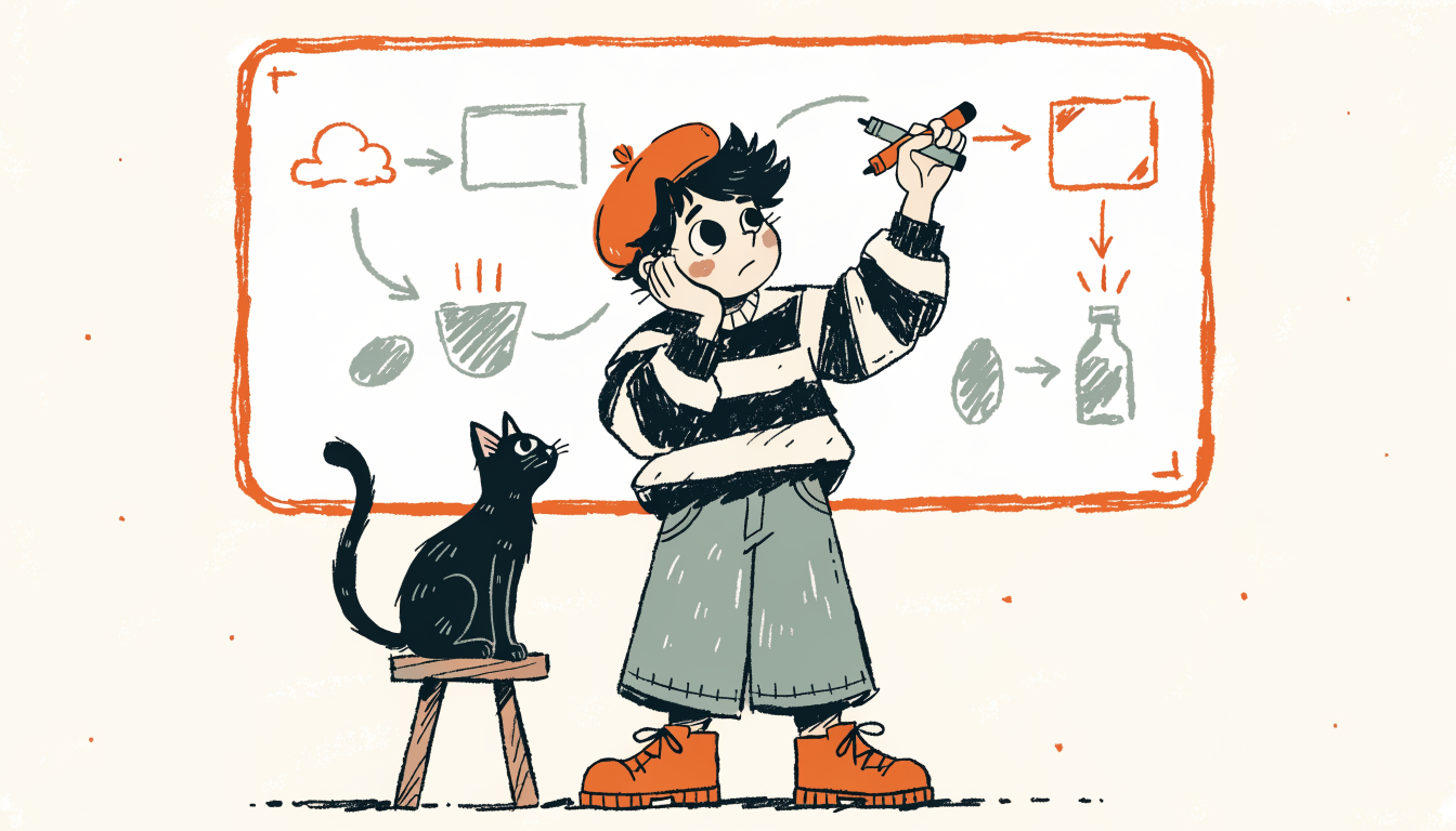 Student at a whiteboard drawing a step-by-step solution with a cat watching from a stool