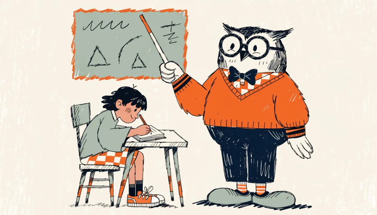Retro cartoon illustration of an owl professor at a chalkboard explaining a solution to a student taking notes