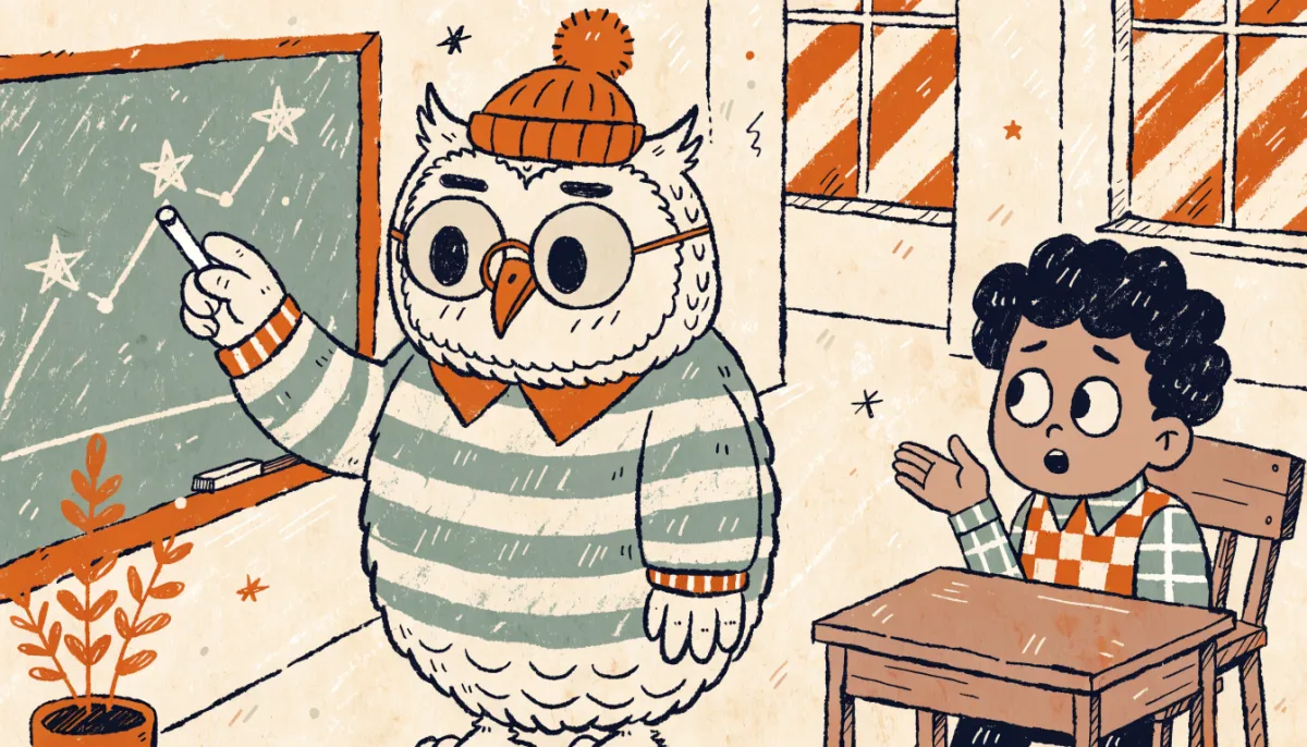 Retro cartoon illustration of an owl professor drawing an upward trend on a chalkboard while a student watches from a desk