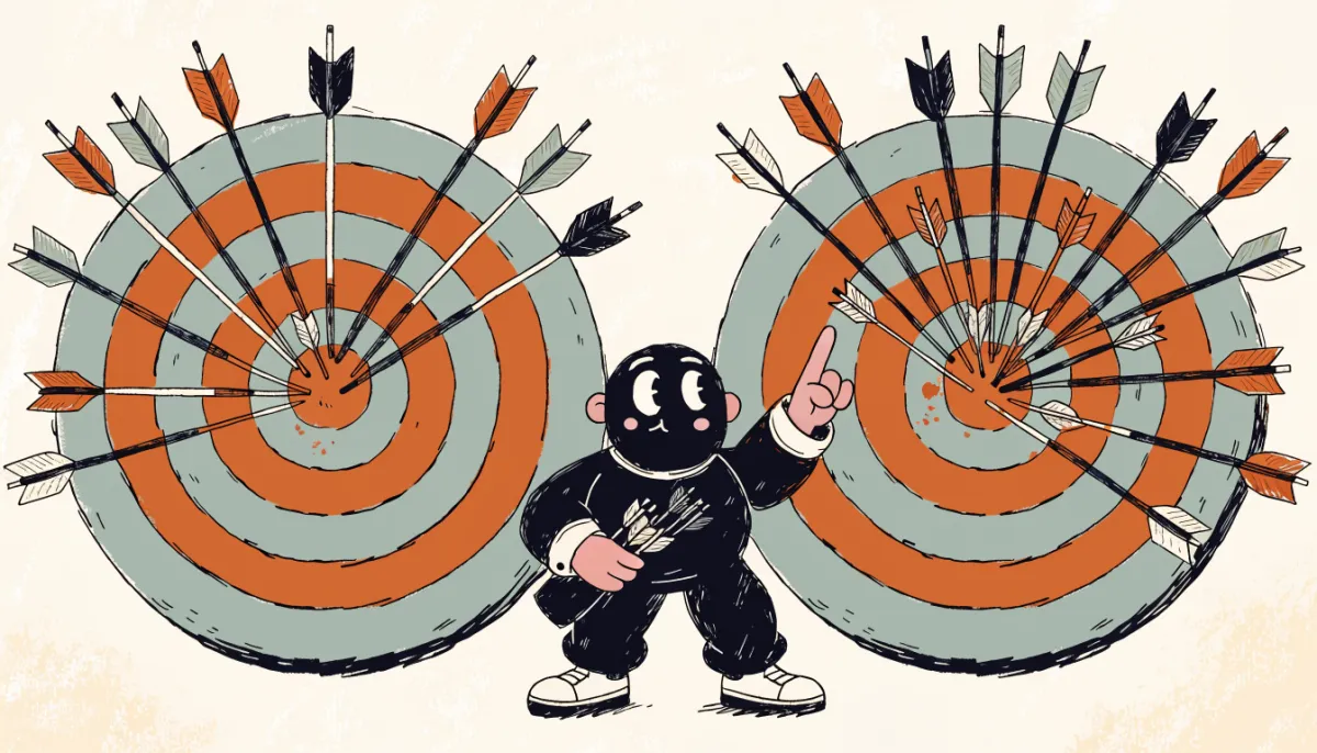 Retro illustration of an archer pointing at two archery targets comparing scattered arrows versus clustered arrows in the bullseye