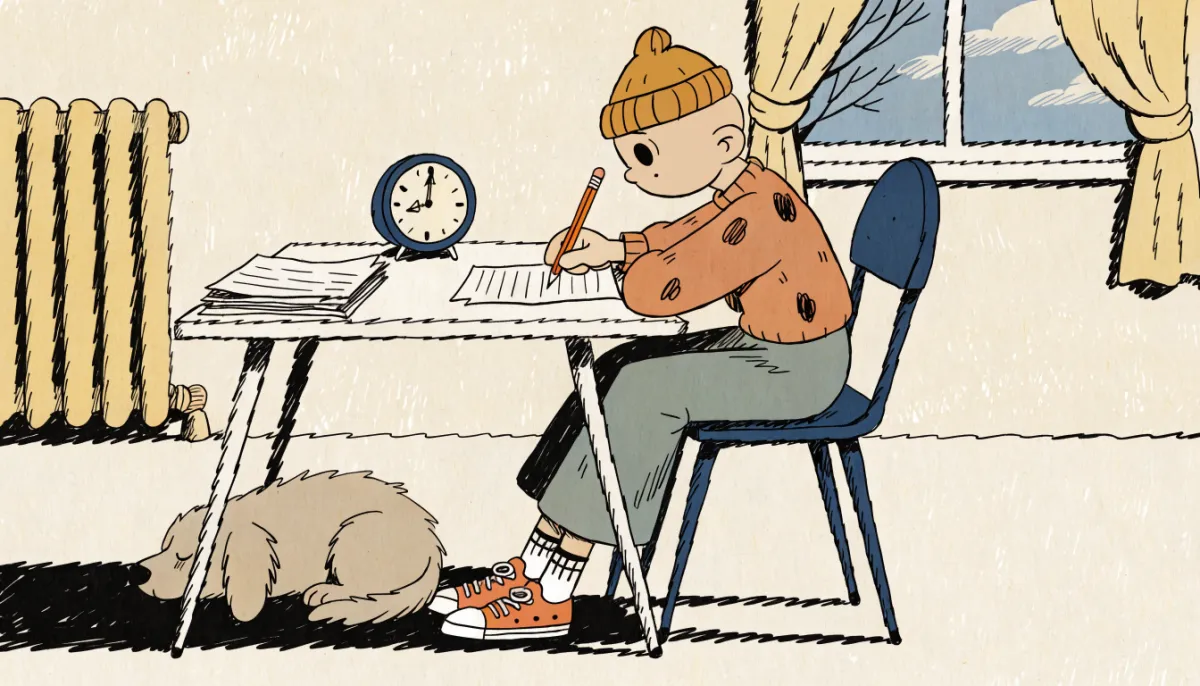 Retro illustration of a focused student taking a timed practice test at a desk with a clock and sleeping dog