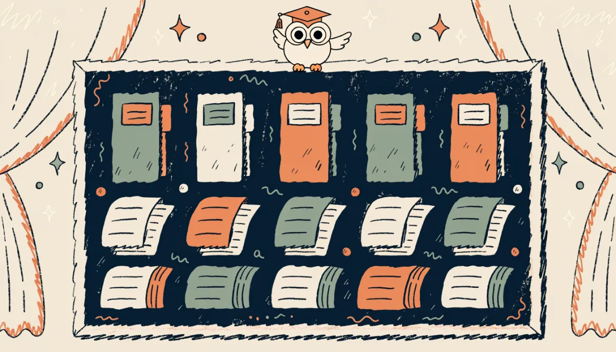 Retro illustration of an owl on a chalkboard organizing study materials into neat rows