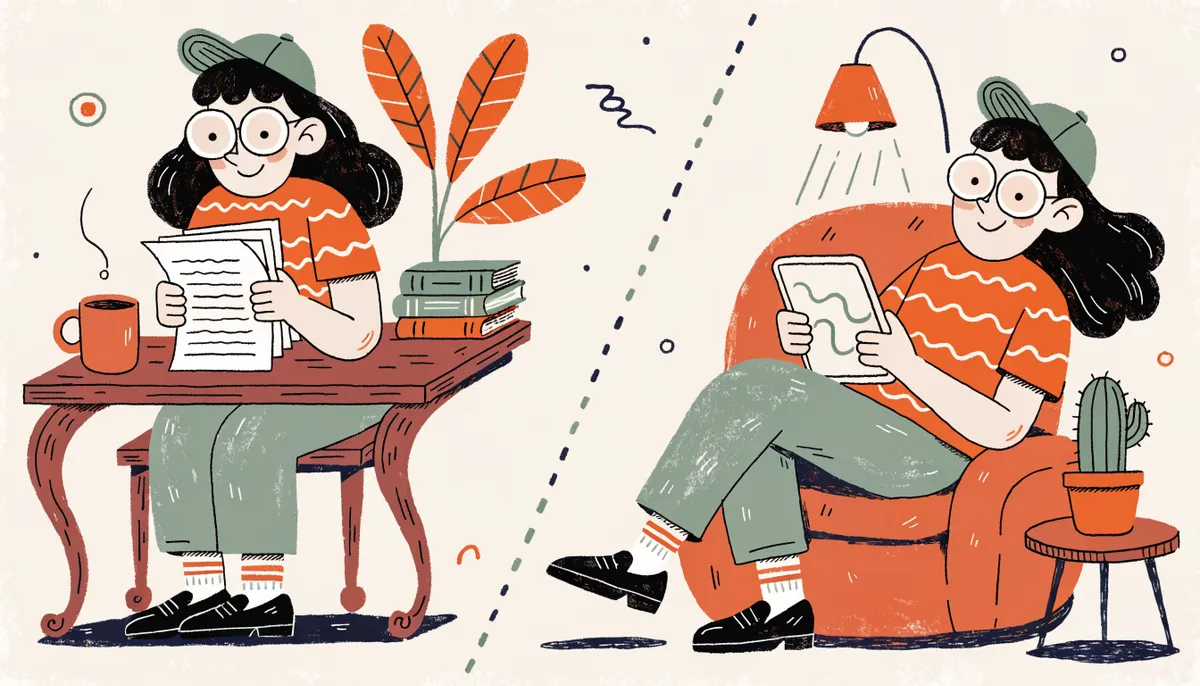 Retro illustration comparing a student studying with paper at a desk versus using a tablet in an armchair