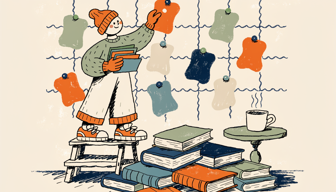 Student organizing a study schedule on a wall calendar with colorful cards and books