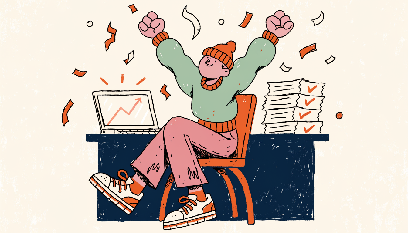 Student celebrating at a desk with arms raised as a laptop shows an upward trending graph